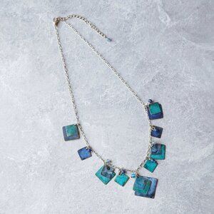 Artisan 1990s Painted Metal Dangle Necklace - Silver Tone with Blue/Green Patina
